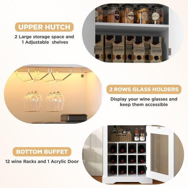 English Elm Bar Cabinet Farmhouse 69 Inch with Rgb Led Barn Door Wine Rack and Charging Station White N728P438603W