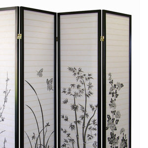 English Elm 70" Tall 4-Panel Folding Screen, Elegant Floral Design With Black Finish For Stylish Room Privacy B072115973