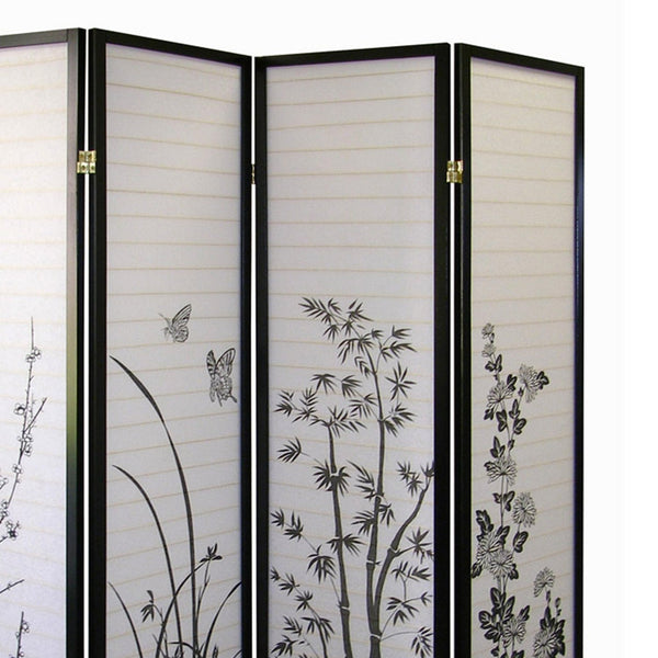 English Elm 70" Tall 4-Panel Folding Screen, Elegant Floral Design With Black Finish For Stylish Room Privacy B072115973