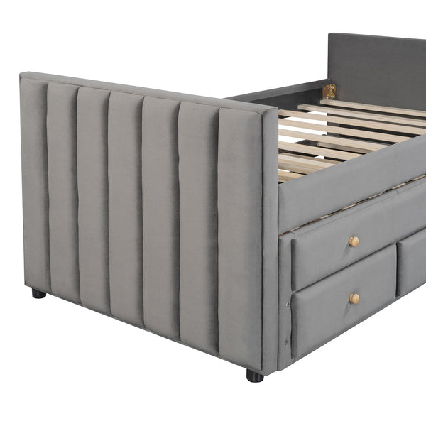 English Elm Twin Upholstered Daybed with Pull-Out Trundle and 3 Drawers, Velvet Finish, Solid Frame, Slat Kit Included Gray SF000147AAE