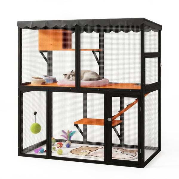 English Elm Wooden Walk-in Catio Enclosure for Multiple Cats with 4 Tier Levels and Waterproof Roof W3166P442040