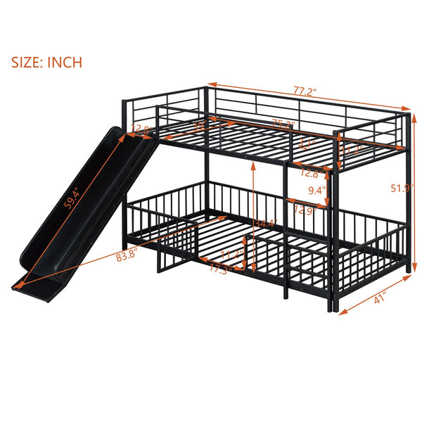 English Elm Twin Twin over Twin metal bunk bed with slide, guardrails and convertible loft design for safety and playfulness Black SF000169AAB