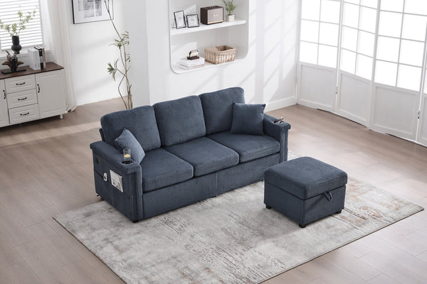 English Elm UNITED Corduroy L-Shaped Sectional Sofa with Storage Ottoman, USB Ports, Cup Holders & LED Lighting Navy W1568P332406