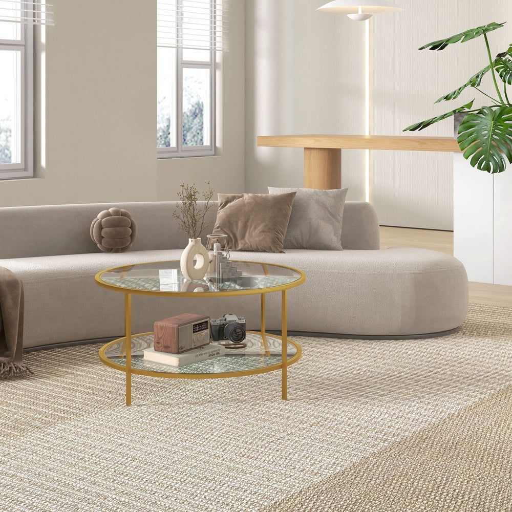 English Elm Homcom Elegant Gold Round Side Table With Two-Tier Tempered Glass Shelves For Stylish Living Rooms W2225P217455
