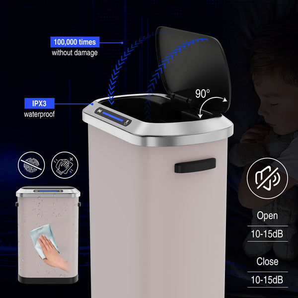 English Elm 50L Smart automatic Trash Can with Silent Slow-Close Lid, Motion Sensor, Durable 0.45mm Steel Body Pink W1550P247966