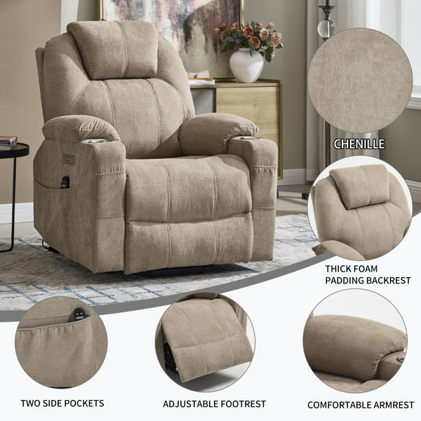 English Elm Up to 350 Lbs Chenille Power Lift Recliner with Massage Heating and Usb Charging Ports Khaki W3224S00026