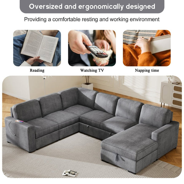 English Elm U_Style U-Shaped Corduroy Modular 6-Seater Sofa With Storage & Usb Charging – Perfect For Any Space! N711P235754E-GIGA