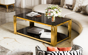 English Elm Modern Glam Rectangular Coffee Table with Mirrored Top Gold Sculptural Frame Open Shelf Black N735P380099B