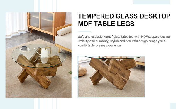 English Elm Circular glass coffee table 33.4" Modern round tempered glass top with wood MDF legs, 130 lb capacity, easy assembly W1151P143350