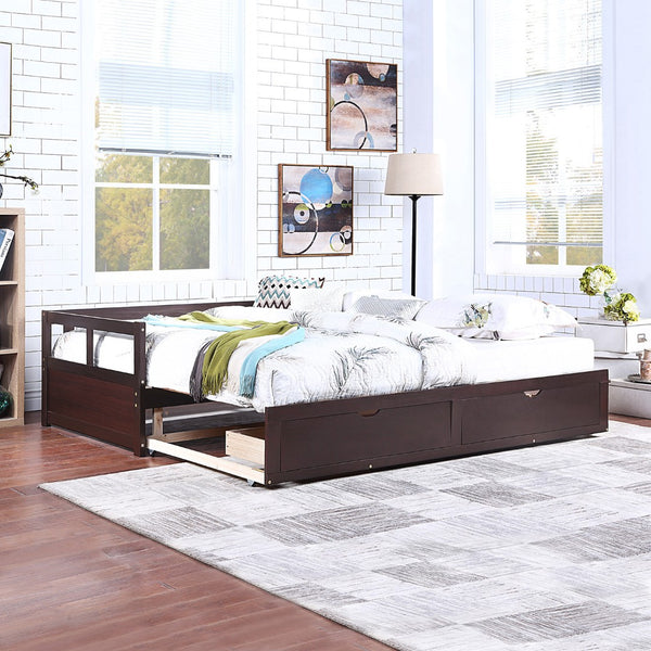 English Elm Wooden Twin to King Daybed with Trundle and Storage Drawers for Guest Rooms Espresso N708P336539P