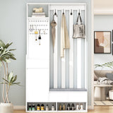 Contemporary Hall Tree Storage with Cushioned Bench, Shoe Cabinet, Coat Rack - White