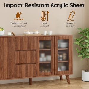 English Elm Farmhouse Buffet Cabinet with Pop-Up Doors and 3 Drawers — Rustic 55.5" Sideboard for Dining Room Walnut T3623P408446