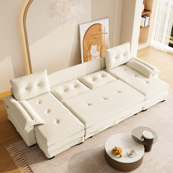 English Elm 109.5" Oversized U-shaped Sectional Sleeper Chenille Modular Sofa with Usb Ports Beige+White W1885S00438