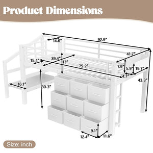 English Elm Twin Metal Low Loft Bed with Storage Stairs Fabric Drawers and Built-in Lights Light White W5305S00044