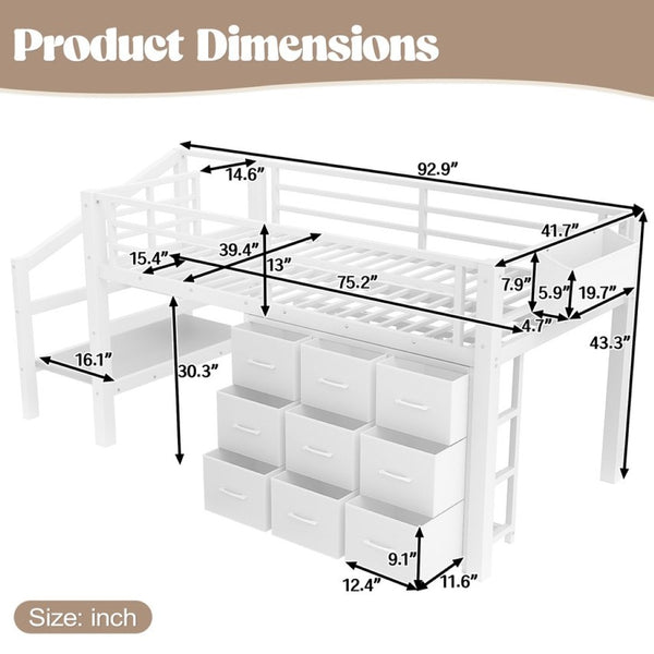 English Elm Twin Metal Low Loft Bed with Storage Stairs Fabric Drawers and Built-in Lights Light White W5305S00044