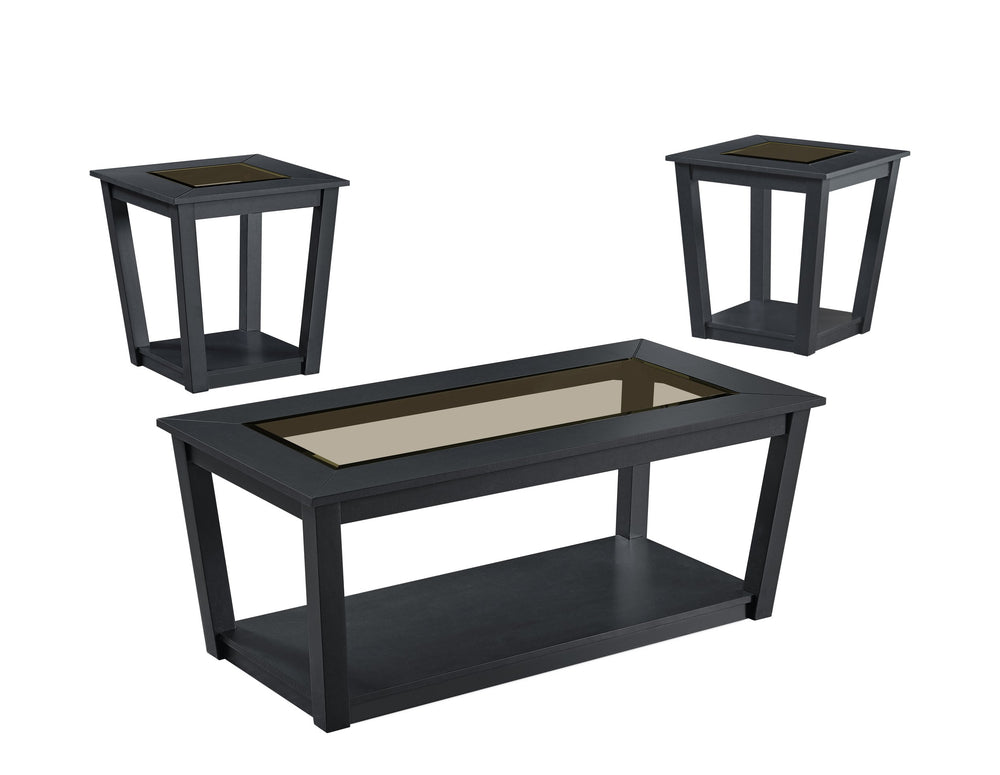 English Elm 3-piece Contemporary 3-Piece Table Set with Glass Insets, Black MDF & Wood Base, Open Shelf Storage B011P405645