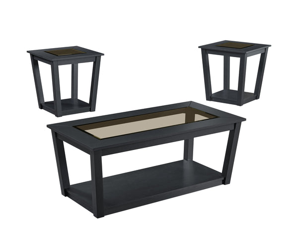 English Elm 3-piece Contemporary 3-Piece Table Set with Glass Insets, Black MDF & Wood Base, Open Shelf Storage B011P405645