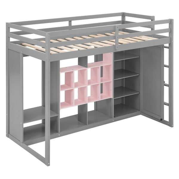 English Elm Twin Loft Bed with Wardrobe Shelves and Cabinet Kids Bedroom Wood Storage Frame Pink+Grey N708S00023E