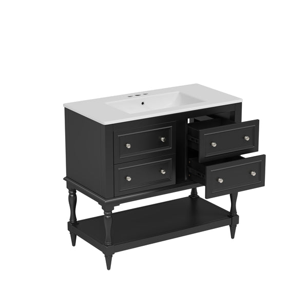 English Elm 36'' Modern Bathroom Vanity with Ceramic Sink and Medicine Cabinet, Solid Wood Frame, 4 Drawers, Waterproof Finish Black SW000138AAB-1
