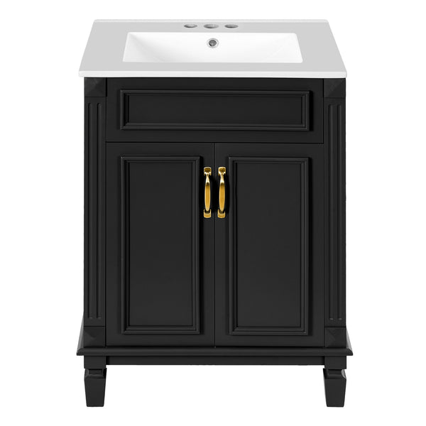English Elm 24'' Bathroom Vanity with Sink - Solid Wood Frame, Glossy Ceramic Basin, Soft-Close Doors & Ample Storage Elegant Modern Design, Durable MDF Construction, Retro Metal Handles, Compact 24-inch Cabinet Black N710P317675B