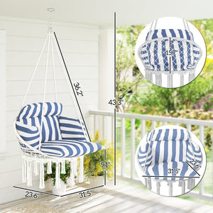 English Elm Hanging Hammock Swing Chair Boho Fringe Cushioned Seat for Patio or Indoor Use T3971P445964