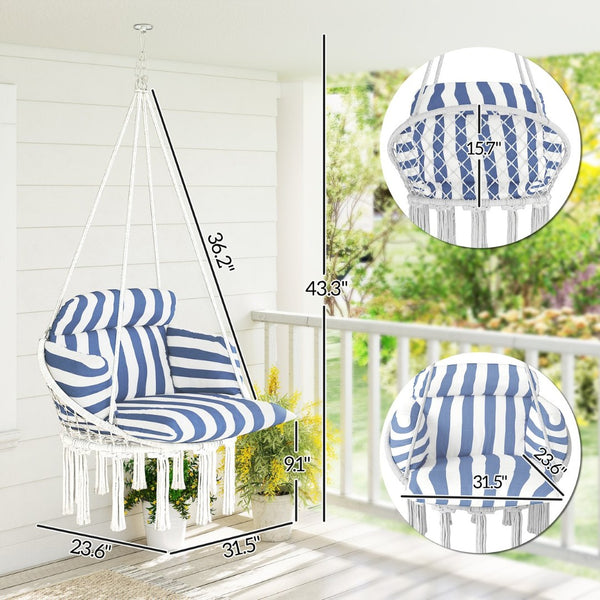 English Elm Hanging Hammock Swing Chair Boho Fringe Cushioned Seat for Patio or Indoor Use T3971P445964