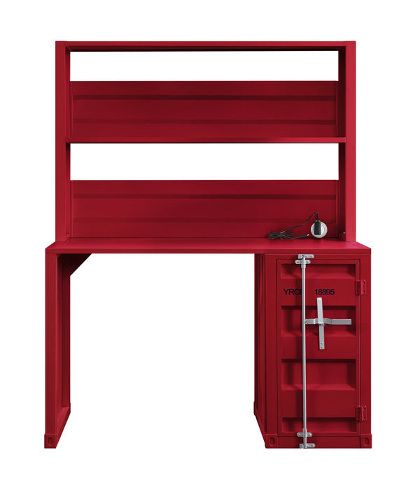 English Elm Cargo Industrial Red Metal Writing Desk with Hutch, Rectangular Storage, Lockable Container Panels and Shelf Organizing B2726P315638