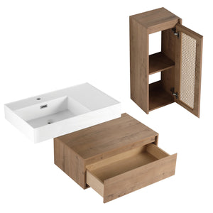 English Elm 30 Inch Wall-Mounted Bathroom Vanity With Soft-Close Drawer & Resin Sink, Space-Saving Design W999S00348