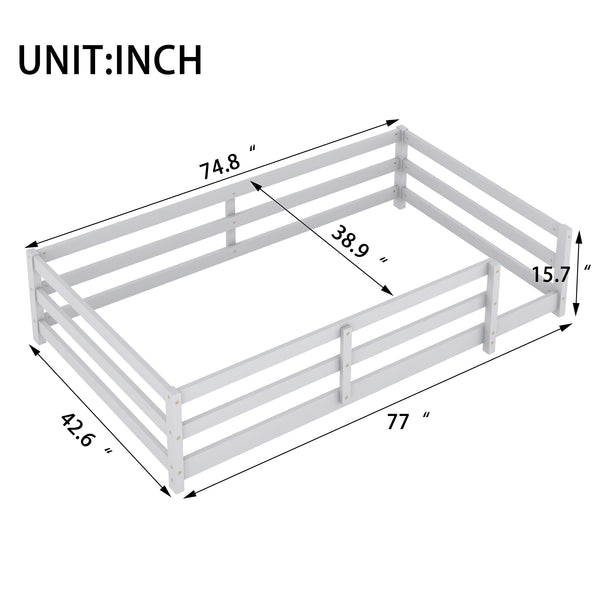 English Elm Twin Pine Montessori Floor Bed with Safety Fence — Grey Low-Profile Kids Twin Frame, 77"x38.9" Interior W1820P369890