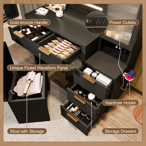 English Elm 43.5" Fluted Black Makeup Vanity with Lighted Mirror Charging Station and Storage Stool N704P340248B
