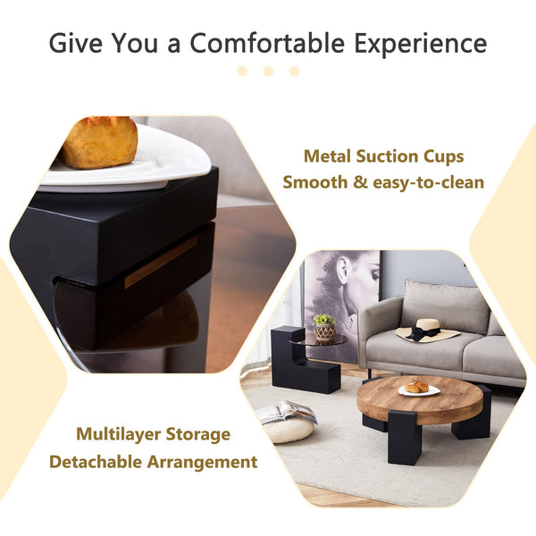 English Elm Modern Double-Layer Round Coffee Table with Detachable Top, Tinted Glass & Wood MDF Shelf, Black L-Legs (30.7") W1151P209571