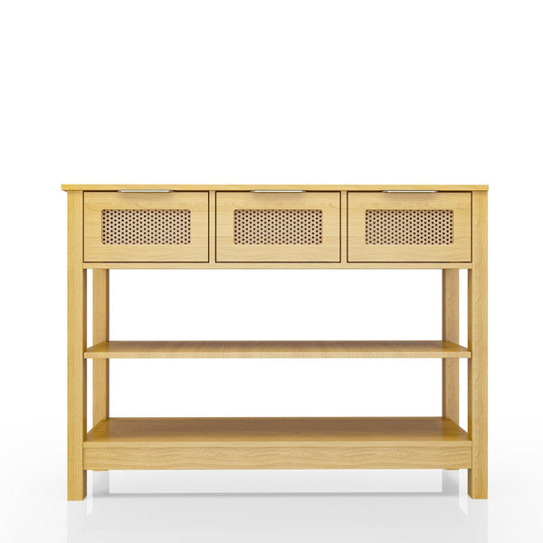 English Elm 43.3" Farmhouse Console Table Rattan Drawer Fronts Open Shelving Entryway Storage Natural Wood T3210P426416