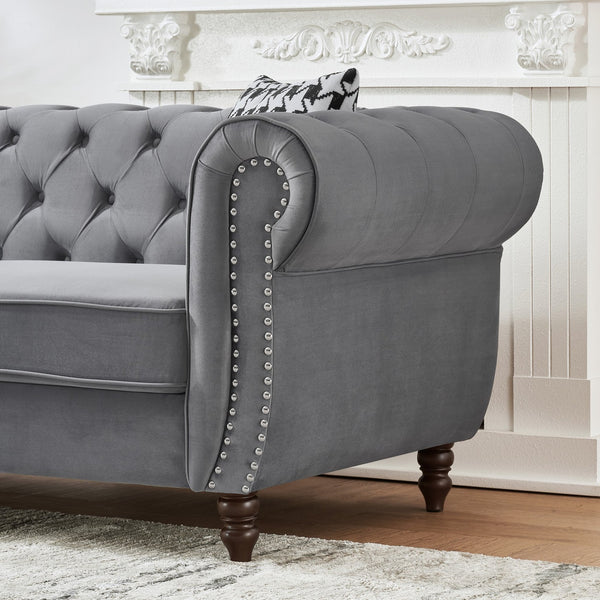 English Elm 87"Chesterfield Velvet Upholstery Sofa with Roll Armrests & Nailhead Trim, 3-Seater Luxurious Midcentury Design Grey W3373S00010