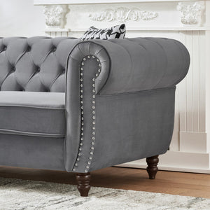 English Elm 67"Chesterfield Velvet 2-Seater Sofa with Nailhead Trim, Roll Arms, Hardwood Frame, Luxurious Comfort Grey W3373S00012