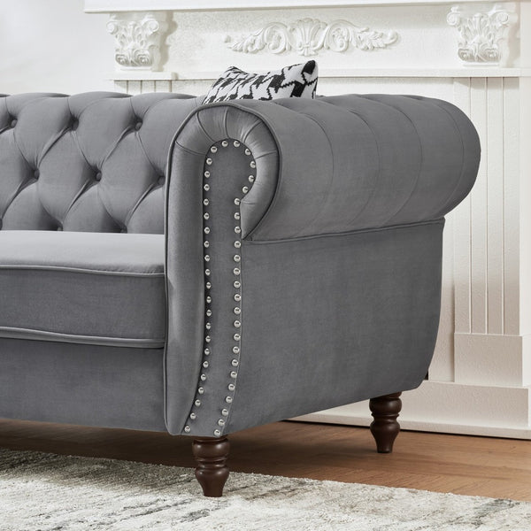English Elm 65"chesterfield Velvet Tufted Sofa with Nailhead Trim Mid Century Two Seat Couch Grey W3373S00062