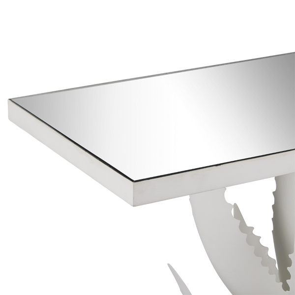 Agave White Console Table - Elegant Wrought Iron Design with Mirrored Top, Nature-Inspired Style