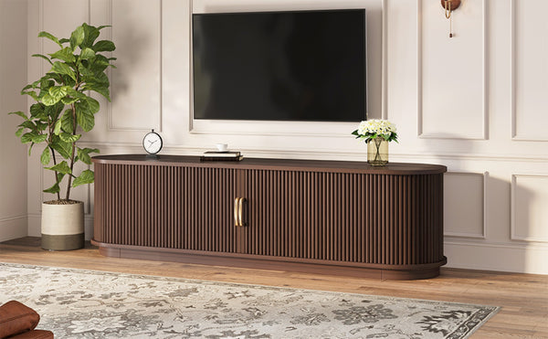 English Elm Vintage Farmhouse Media Console with Slatted Sliding Doors and Brass Hardware for Living Room Walnut N721P427206P