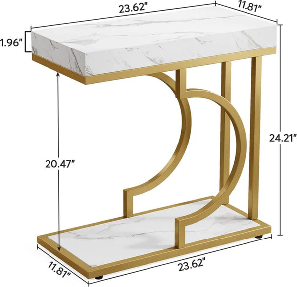 English Elm Stable C-shaped Side Table Faux Marble Top Gold Metal Frame Sofa Arm Accent T3971P446749