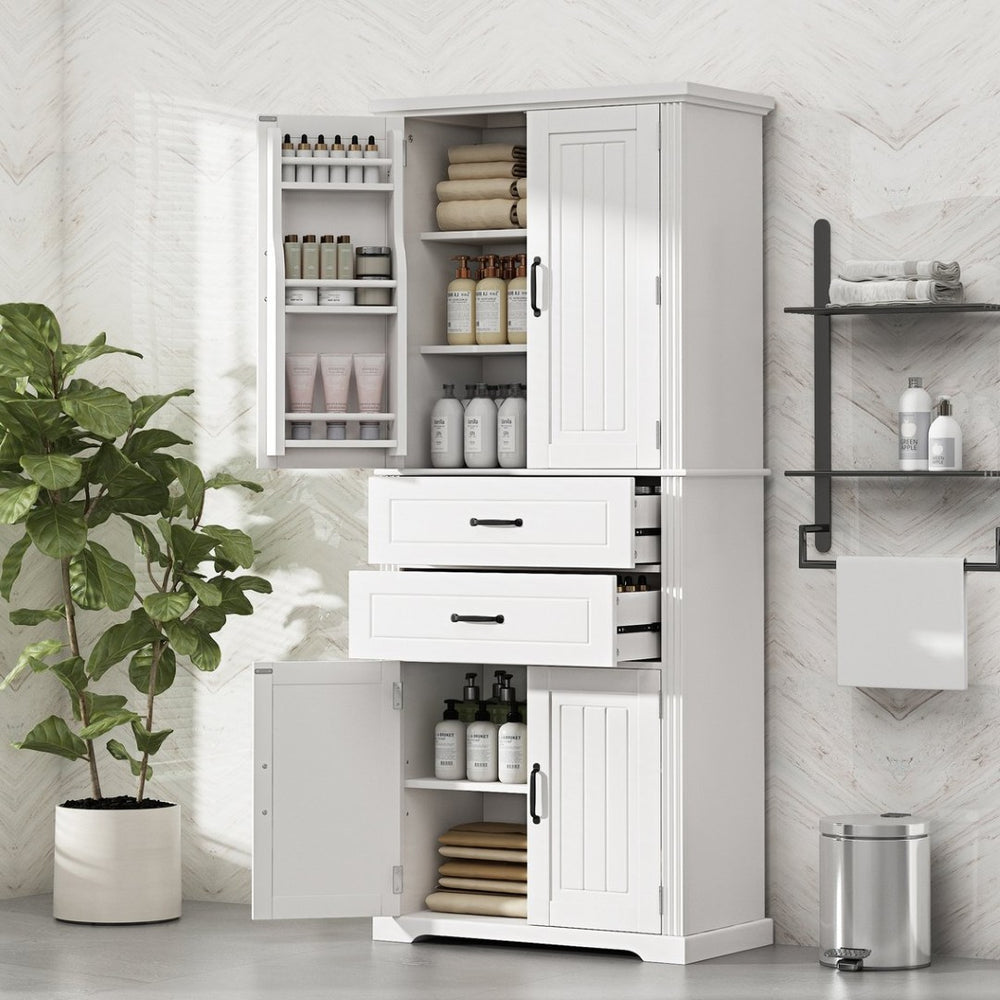 English Elm [video] Floor to Ceiling Matte Storage Cabinet with Drawers Shelves and Adjustable Interior White N759P407762K