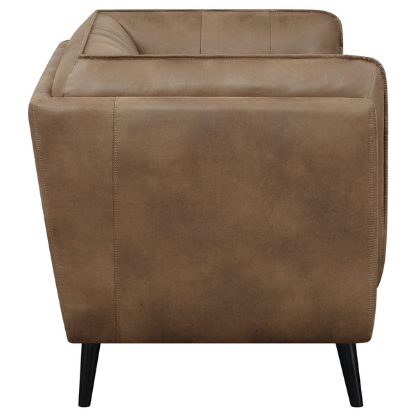 English Elm Maximillion Vintage Brown Chesterfield-Style Loveseat with Tufted Shelter Arms, Microfiber Leather Elegance B062P358089