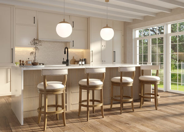 English Elm 31" Swivel Barstool Linen Upholstered Seat Nailhead Trim Warm Wood Kitchen Island Pecan B2751P436451