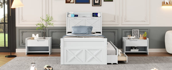 English Elm Twin Storage Bed with Headboard Outlets, Extendable Trundle & 3 Drawers, Durable MDF/Plywood Design White 80.5 L x 17.75 W x 5.25 H N733S172839K