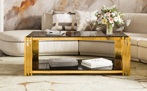 English Elm Modern Glam Rectangular Coffee Table with Mirrored Top Gold Sculptural Frame Open Shelf Black N735P380099B