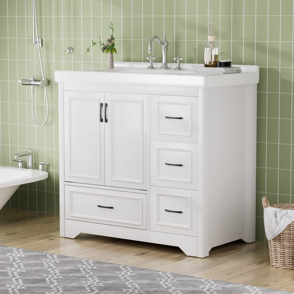 English Elm 36'' 36" Modern Bathroom Vanity with Ceramic Undermount Sink, White Cabinet, 2 Doors & 4 Drawers, Sturdy W1162S00012