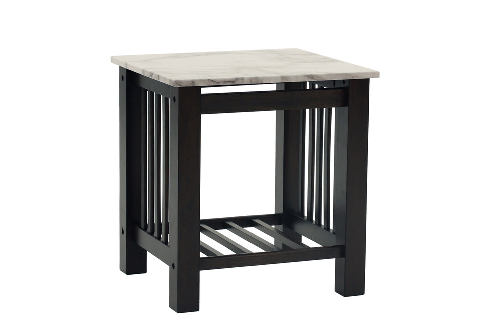 English Elm Contemporary 3pc Occasional Table Set Faux Marble Top Antique Walnut Finish Open Shelf Modern Design B011S01995