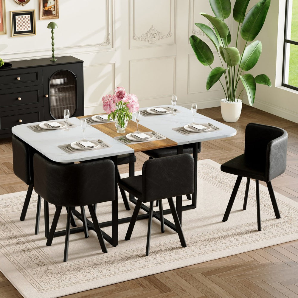 English Elm 7-piece Modern Dining Set Faux Marble Wood Tabletop with Six Leather Chairs W3875S00131