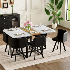 English Elm 7-piece Modern Dining Set Faux Marble Wood Tabletop with Six Leather Chairs W3875S00131
