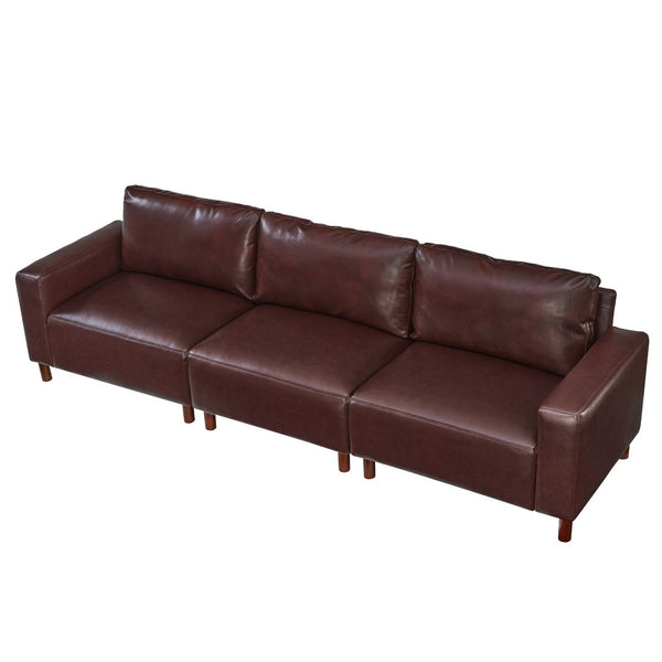 English Elm 112" Mid-century Faux Leather Three-seat Sofa with Rubberwood Legs for Living Room Burgundy W1097S00256