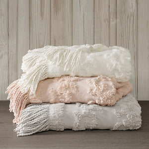 JLA Home Madison Park - 100% Cotton Tufted Chenille Throw with Fringe Tassel — Lightweight, Breathable Boho Layering Accent Grey MP50N-5512