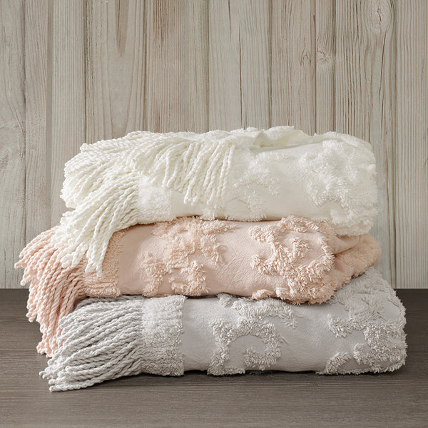 JLA Home Madison Park - 100% Cotton Tufted Chenille Throw with Fringe Tassel — Lightweight, Breathable Boho Layering Accent Grey MP50N-5512